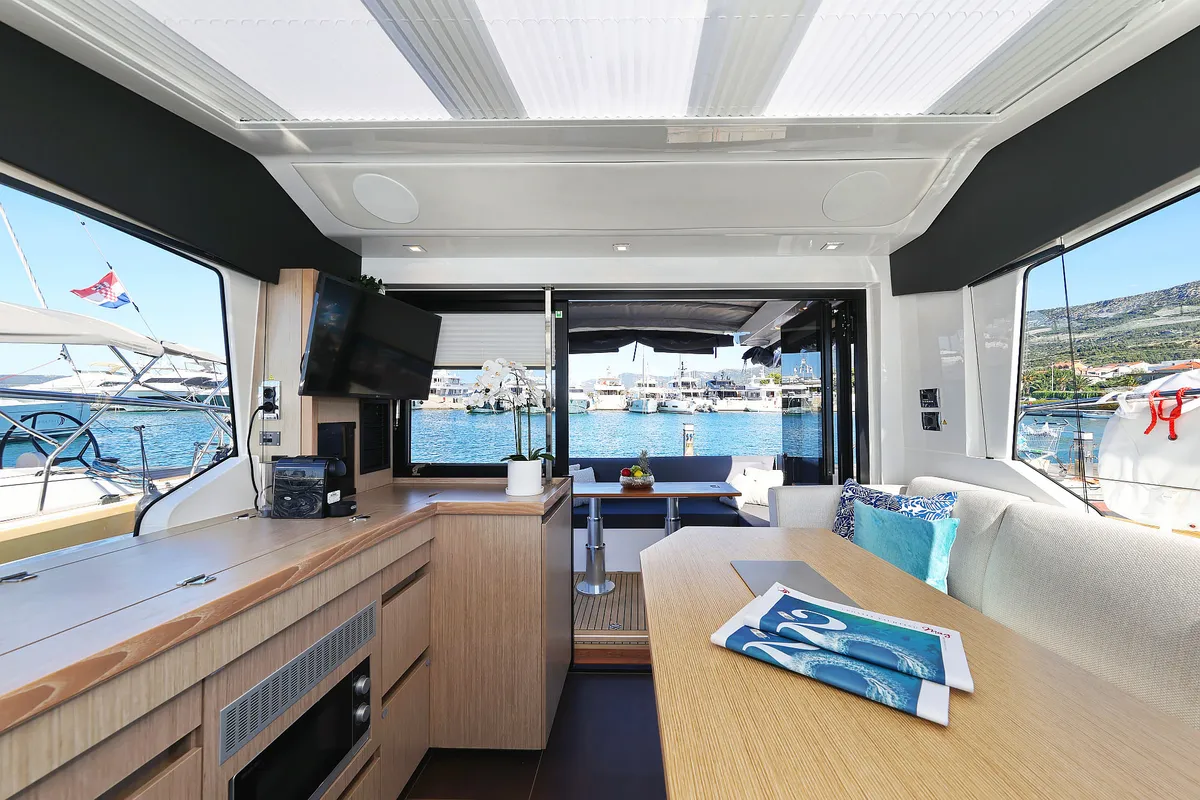 Salon of Tireless, a Sealine C390 yacht at Grad Kaštela, Croatia