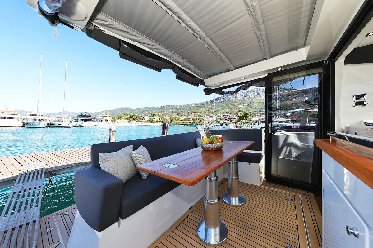Deck of Tireless, a Sealine C390 yacht at Grad Kaštela, Croatia
