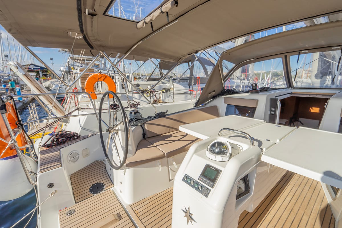 Cockpit of High Time, a Jeanneau Sun Odyssey 410 sailboat at Lavreotiki Municipal Unit, Greece
