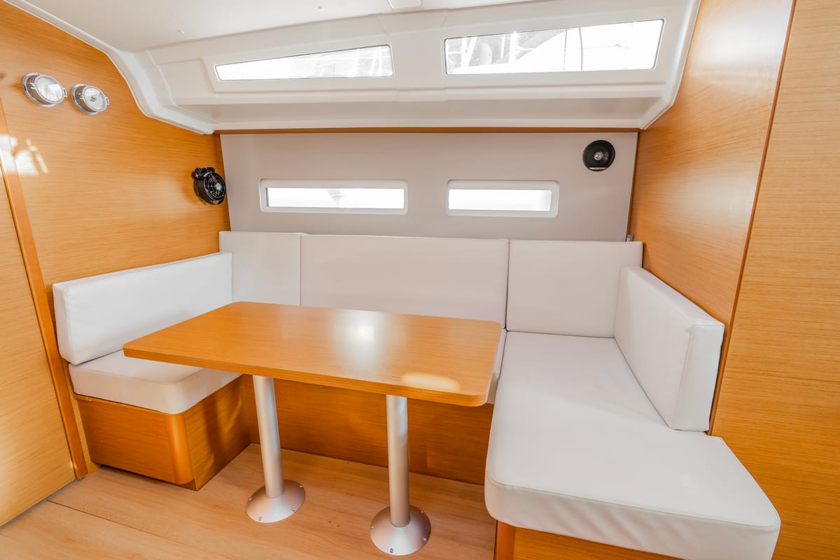 Salon of High Time, a Jeanneau Sun Odyssey 410 sailboat at Lavreotiki Municipal Unit, Greece