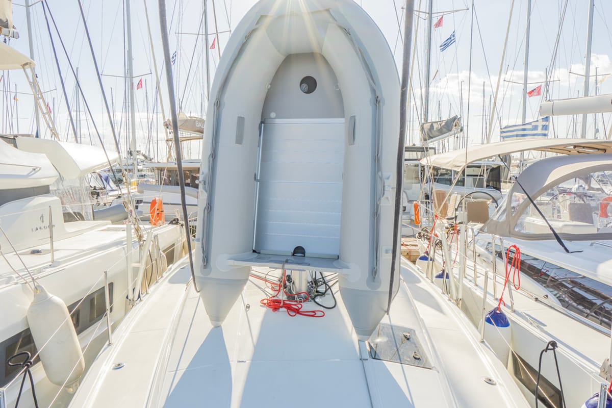 Exterior view of High Time, a Jeanneau Sun Odyssey 410 sailboat at Lavreotiki Municipal Unit, Greece