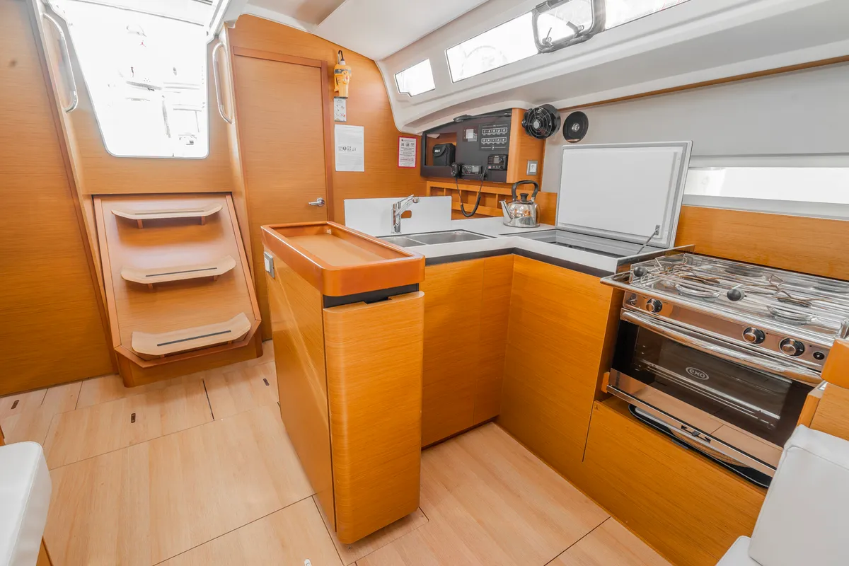 Galley of High Time, a Jeanneau Sun Odyssey 410 sailboat at Lavreotiki Municipal Unit, Greece