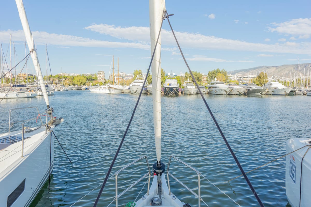 Exterior view of High Time, a Jeanneau Sun Odyssey 410 sailboat at Lavreotiki Municipal Unit, Greece
