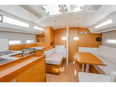 Salon of High Time, a Jeanneau Sun Odyssey 410 sailboat at Lavreotiki Municipal Unit, Greece