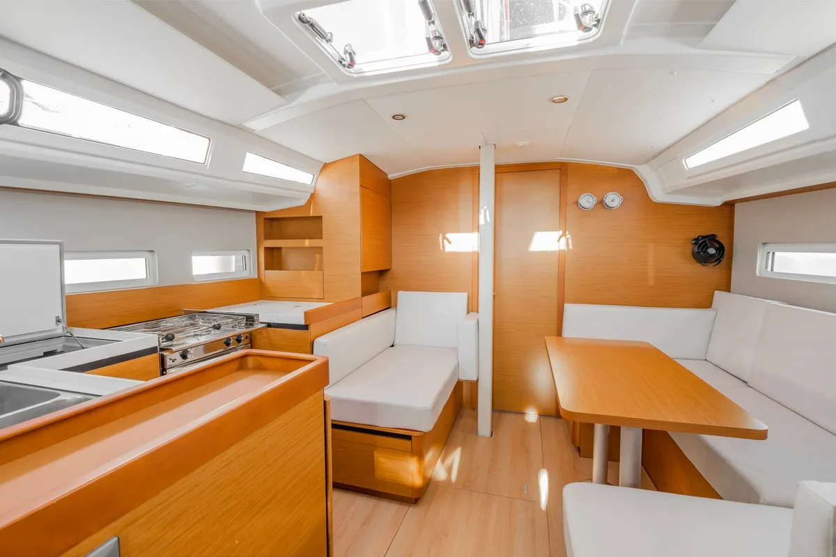 Salon of High Time, a Jeanneau Sun Odyssey 410 sailboat at Lavreotiki Municipal Unit, Greece