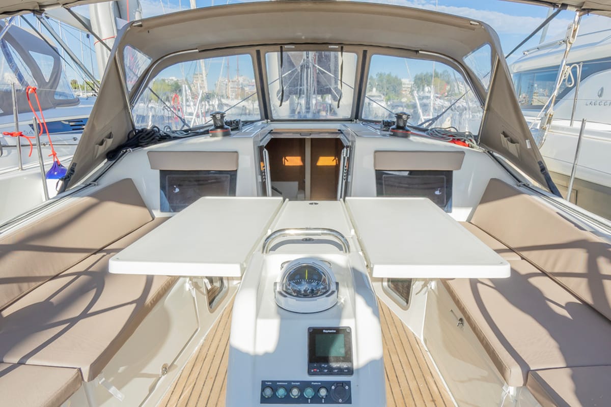Cockpit of High Time, a Jeanneau Sun Odyssey 410 sailboat at Lavreotiki Municipal Unit, Greece