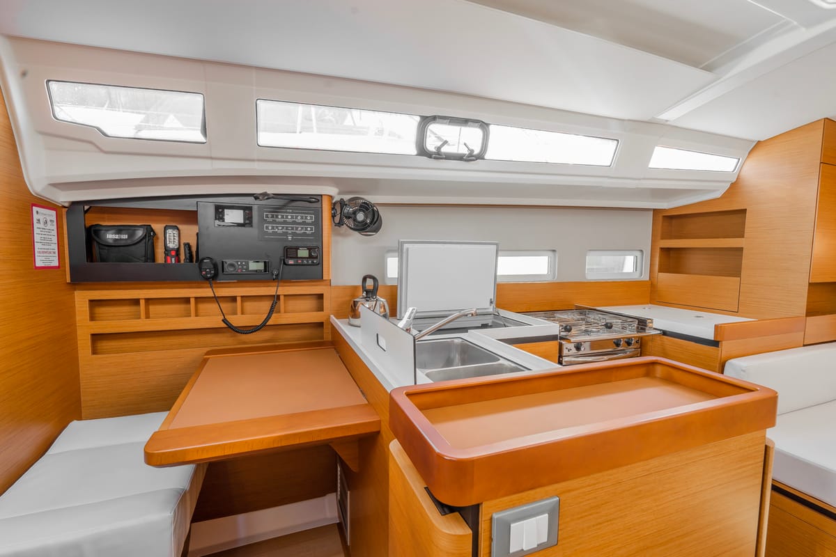 Galley of High Time, a Jeanneau Sun Odyssey 410 sailboat at Lavreotiki Municipal Unit, Greece