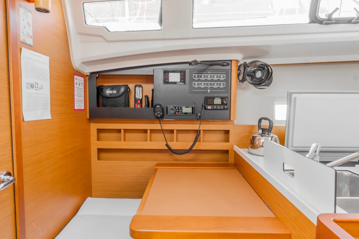 Galley of High Time, a Jeanneau Sun Odyssey 410 sailboat at Lavreotiki Municipal Unit, Greece