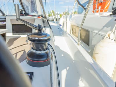 Deck of High Time, a Jeanneau Sun Odyssey 410 sailboat at Lavreotiki Municipal Unit, Greece
