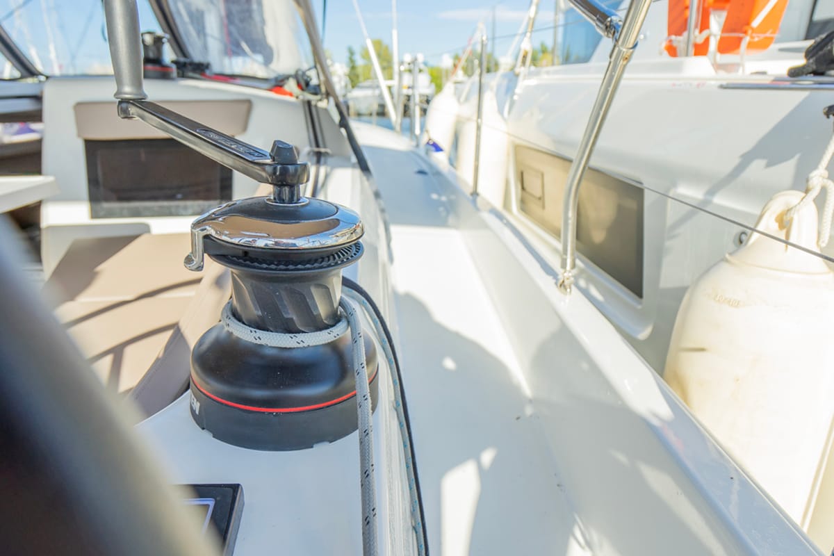 Deck of High Time, a Jeanneau Sun Odyssey 410 sailboat at Lavreotiki Municipal Unit, Greece