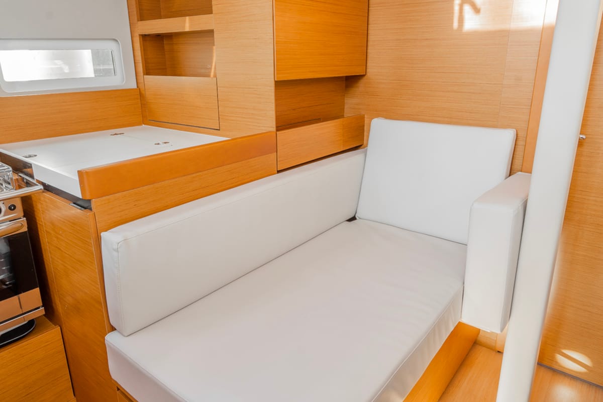 Salon of High Time, a Jeanneau Sun Odyssey 410 sailboat at Lavreotiki Municipal Unit, Greece