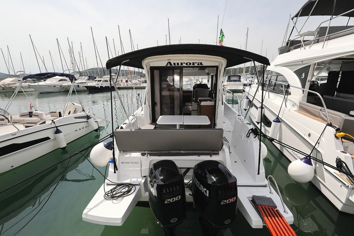 Exterior view of Aurora, a Beneteau Antares 9 OB motorboat at Pirovac, Croatia