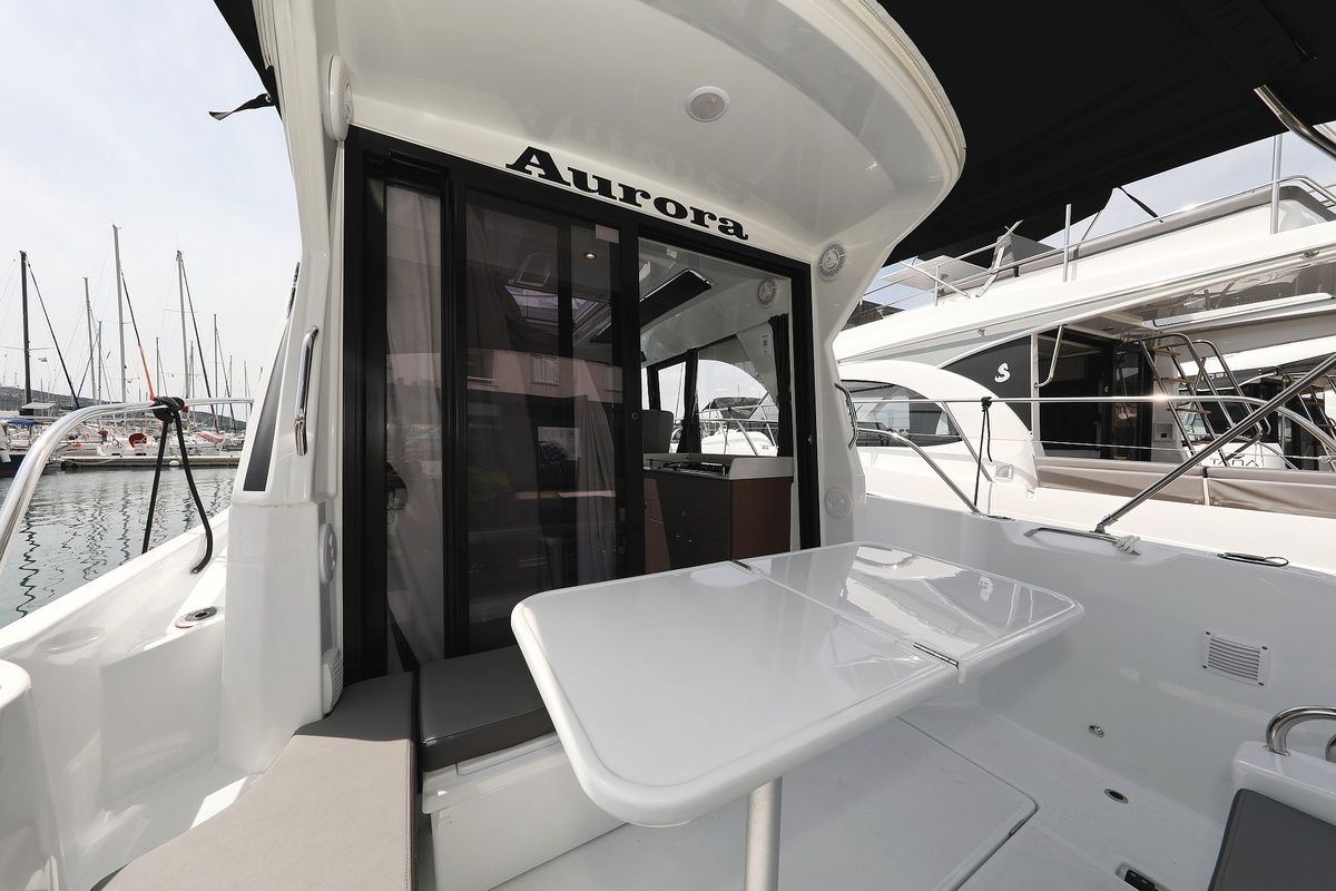 Deck of Aurora, a Beneteau Antares 9 OB motorboat at Pirovac, Croatia