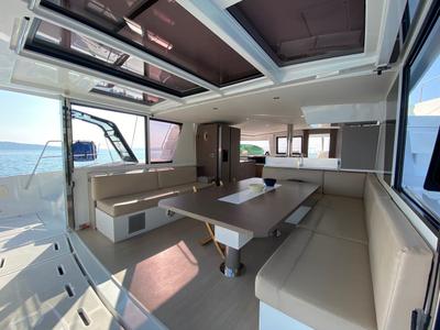 Salon of Baša, a Bali 4.8 catamaran at Grad Kaštela, Croatia