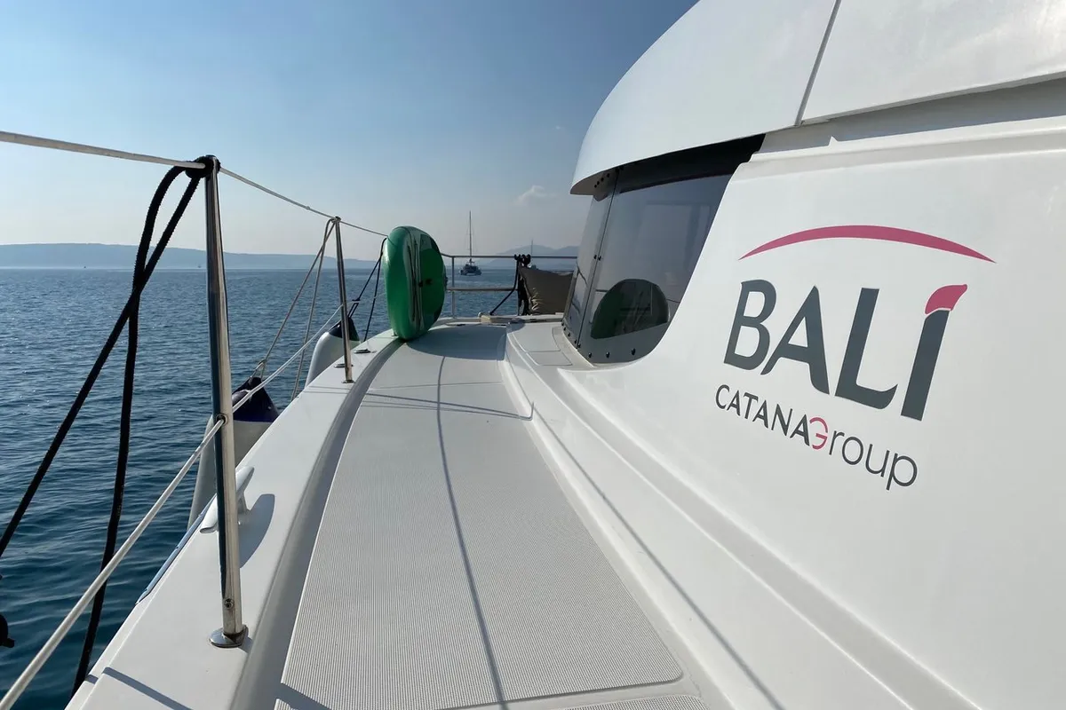 Deck of Baša, a Bali 4.8 catamaran at Grad Kaštela, Croatia