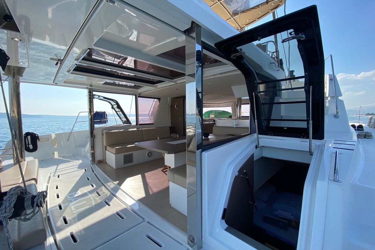 Deck of Baša, a Bali 4.8 catamaran at Grad Kaštela, Croatia
