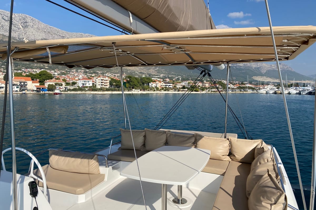 Cockpit of Baša, a Bali 4.8 catamaran at Grad Kaštela, Croatia