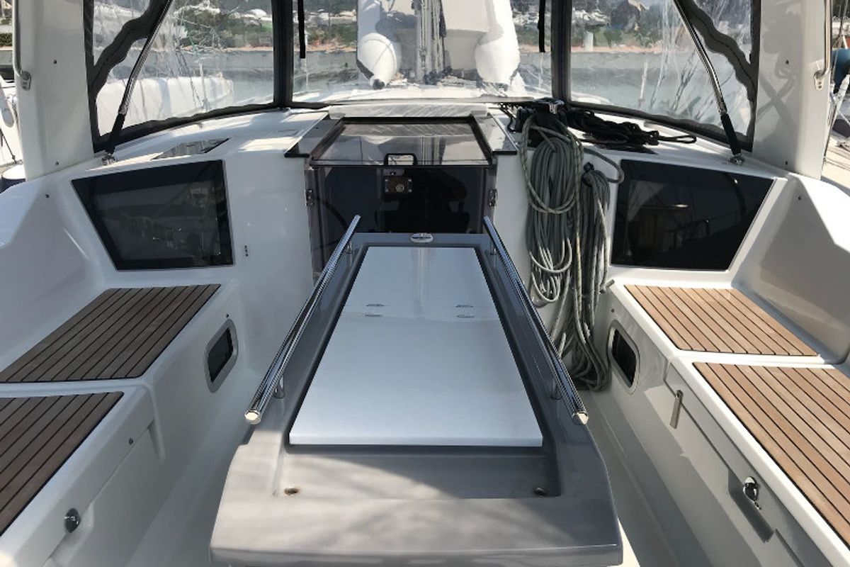 Cockpit of Vera, a Beneteau Oceanis 41.1 sailboat at Puntone di Scarlino, Italy