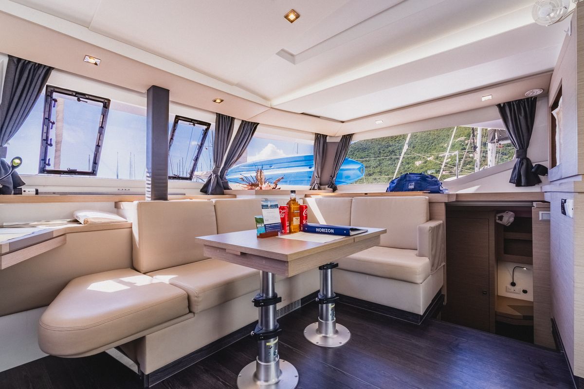Salon of Pegasus, a Fountaine Pajot Astrea 42 catamaran at Road Town, British Virgin Islands