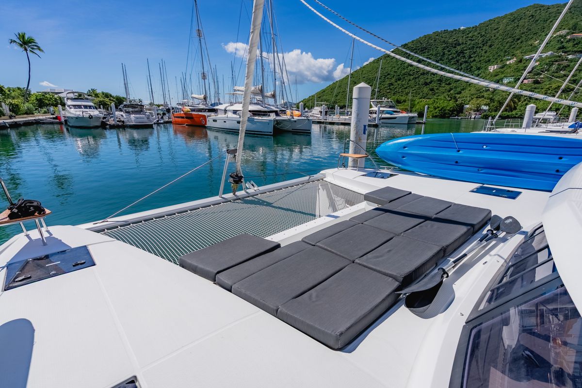 Deck of Pegasus, a Fountaine Pajot Astrea 42 catamaran at Road Town, British Virgin Islands