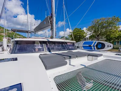 Deck of Pegasus, a Fountaine Pajot Astrea 42 catamaran at Road Town, British Virgin Islands
