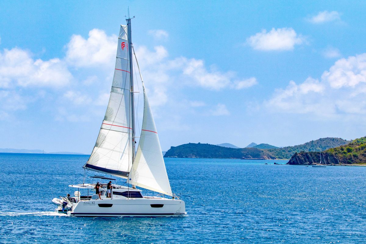 Exterior view of Pegasus, a Fountaine Pajot Astrea 42 catamaran at Road Town, British Virgin Islands