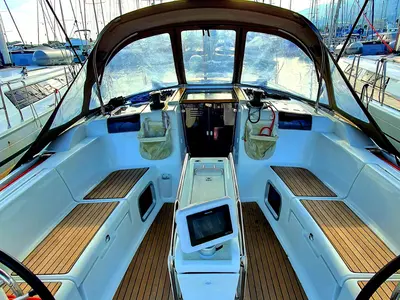 Cockpit of Kalli Zoi II, a Jeanneau Sun Odyssey 449 sailboat at Benitses, Greece