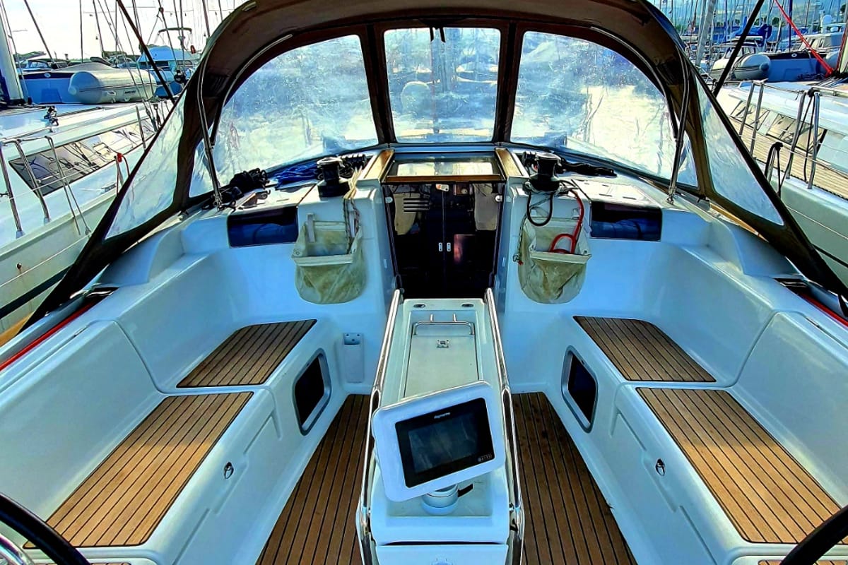 Cockpit of Kalli Zoi II, a Jeanneau Sun Odyssey 449 sailboat at Benitses, Greece