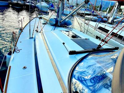 Deck of Kalli Zoi II, a Jeanneau Sun Odyssey 449 sailboat at Benitses, Greece