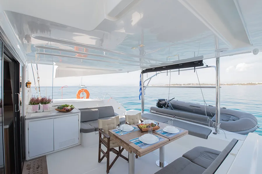 Deck of For Sail Too, a Lagoon 50 catamaran at Parikia, Greece