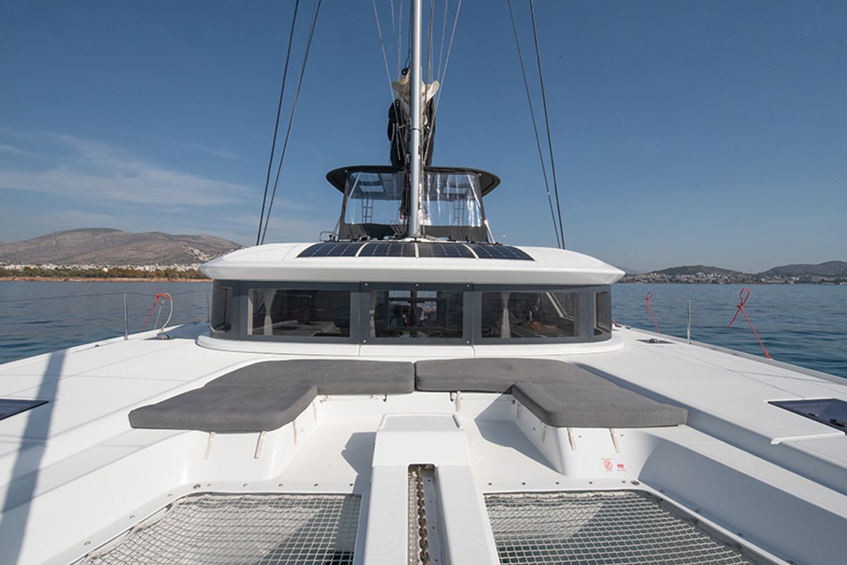 Deck of For Sail Too, a Lagoon 50 catamaran at Parikia, Greece