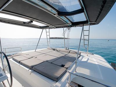 Deck of For Sail Too, a Lagoon 50 catamaran at Parikia, Greece