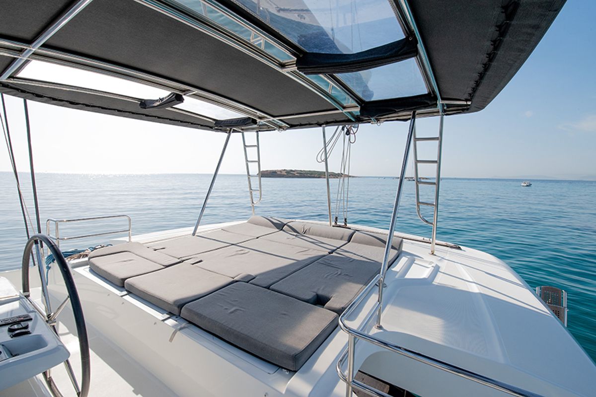 Deck of For Sail Too, a Lagoon 50 catamaran at Parikia, Greece