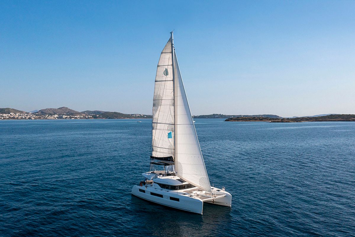 Exterior view of For Sail Too, a Lagoon 50 catamaran at Parikia, Greece