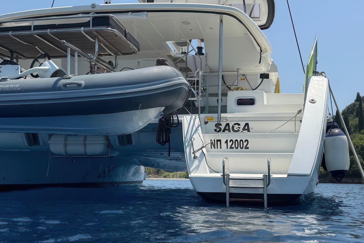Exterior view of Saga, a Lagoon 450 Sport catamaran at Municipal Unit of Lefkada, Greece