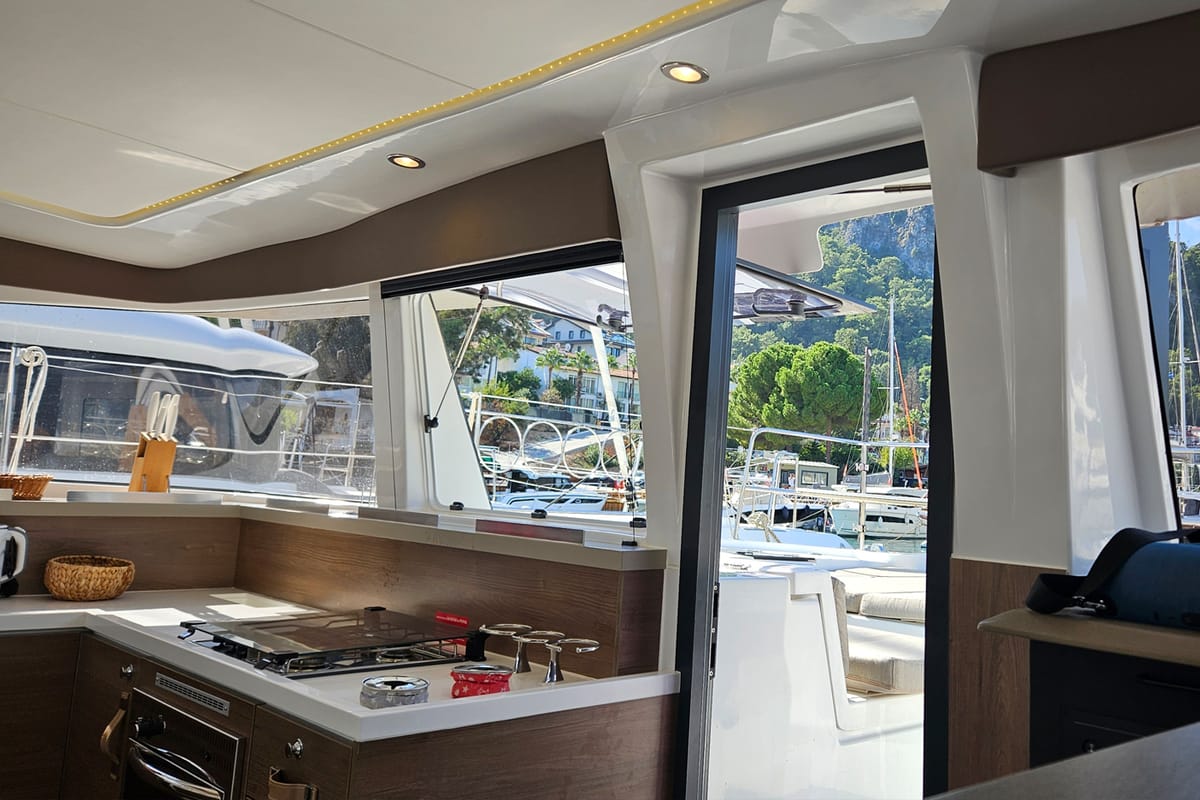 Galley of Sah Mat, a Bali 4.2 OW catamaran at Fethiye, Turkey