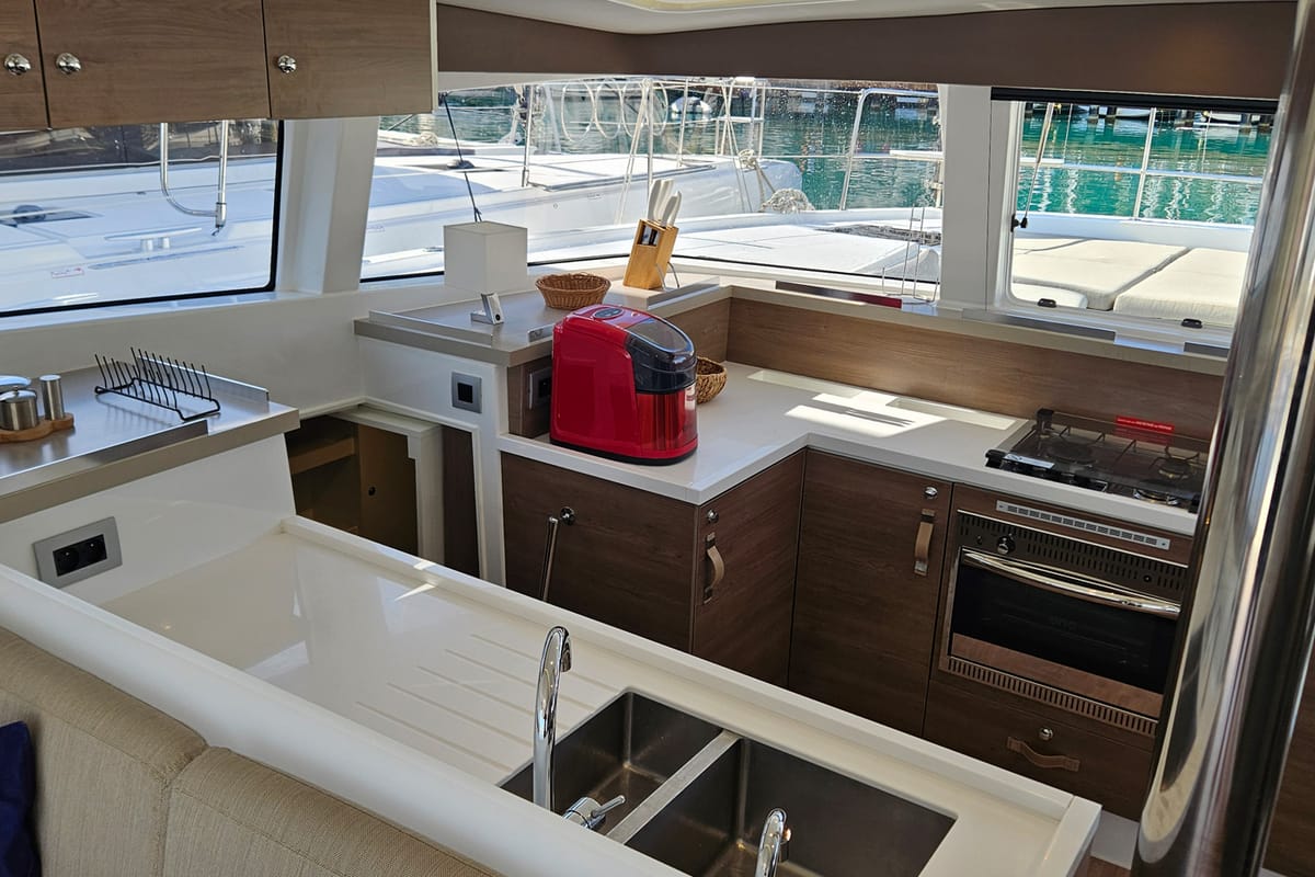 Galley of Sah Mat, a Bali 4.2 OW catamaran at Fethiye, Turkey