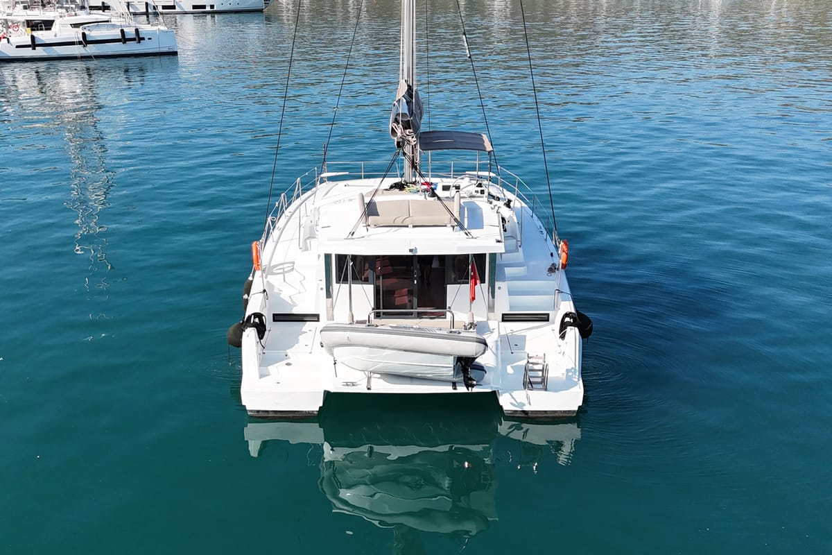 Exterior view of Sah Mat, a Bali 4.2 OW catamaran at Fethiye, Turkey