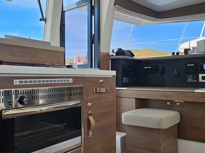 Galley of Sah Mat, a Bali 4.2 OW catamaran at Fethiye, Turkey