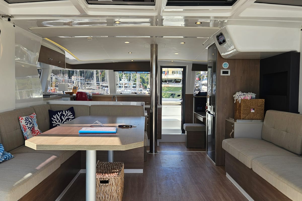 Salon of Sah Mat, a Bali 4.2 OW catamaran at Fethiye, Turkey