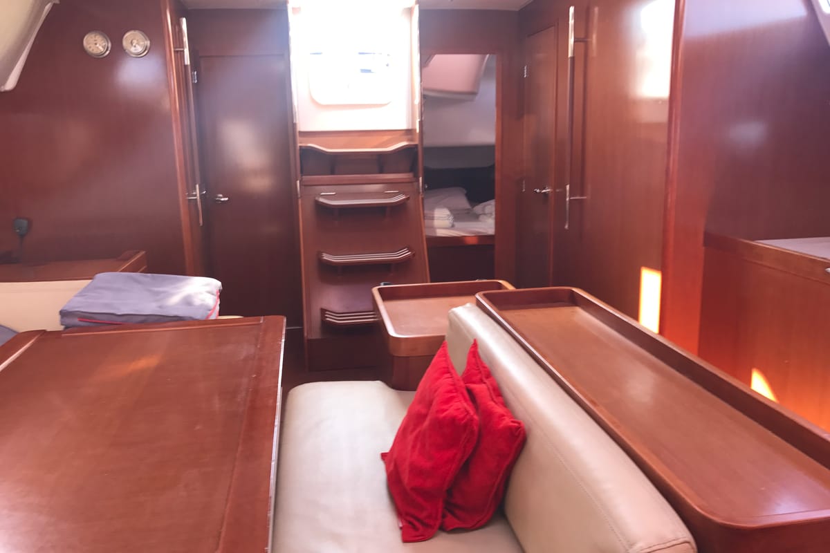 Salon of Spica, a Beneteau Oceanis 50 Family sailboat at Olbia, Italy