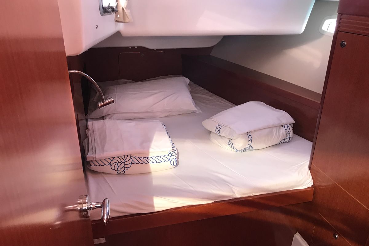 Cabin on Spica, a Beneteau Oceanis 50 Family sailboat at Olbia, Italy