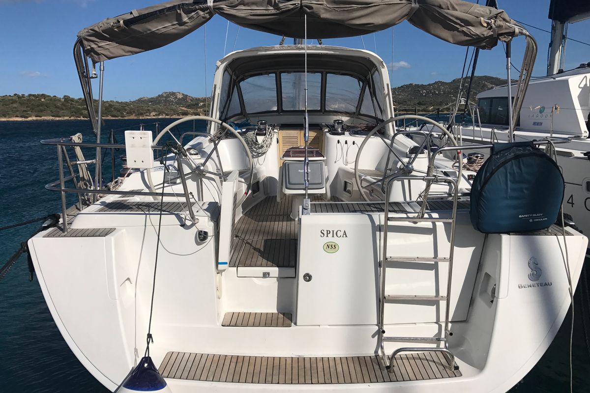 Cockpit of Spica, a Beneteau Oceanis 50 Family sailboat at Olbia, Italy