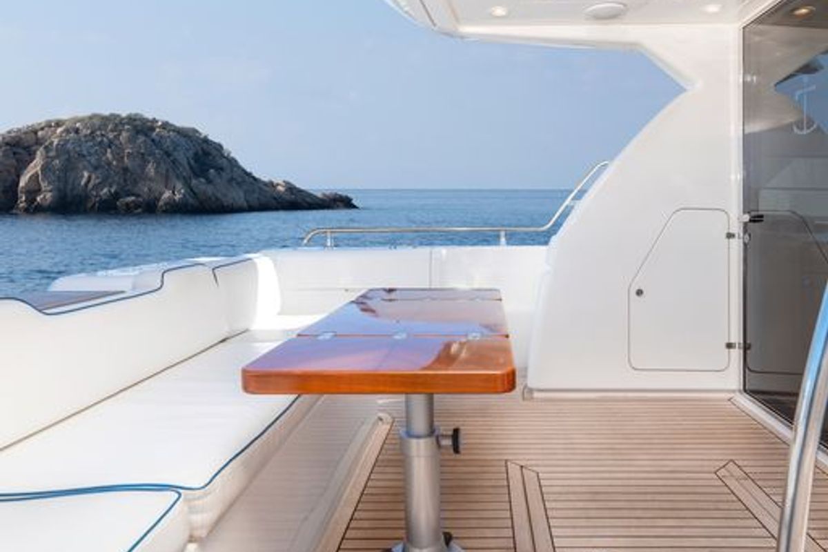 Deck of C&A, a Uniesse 55 motorboat at Flisvos Marina, Greece