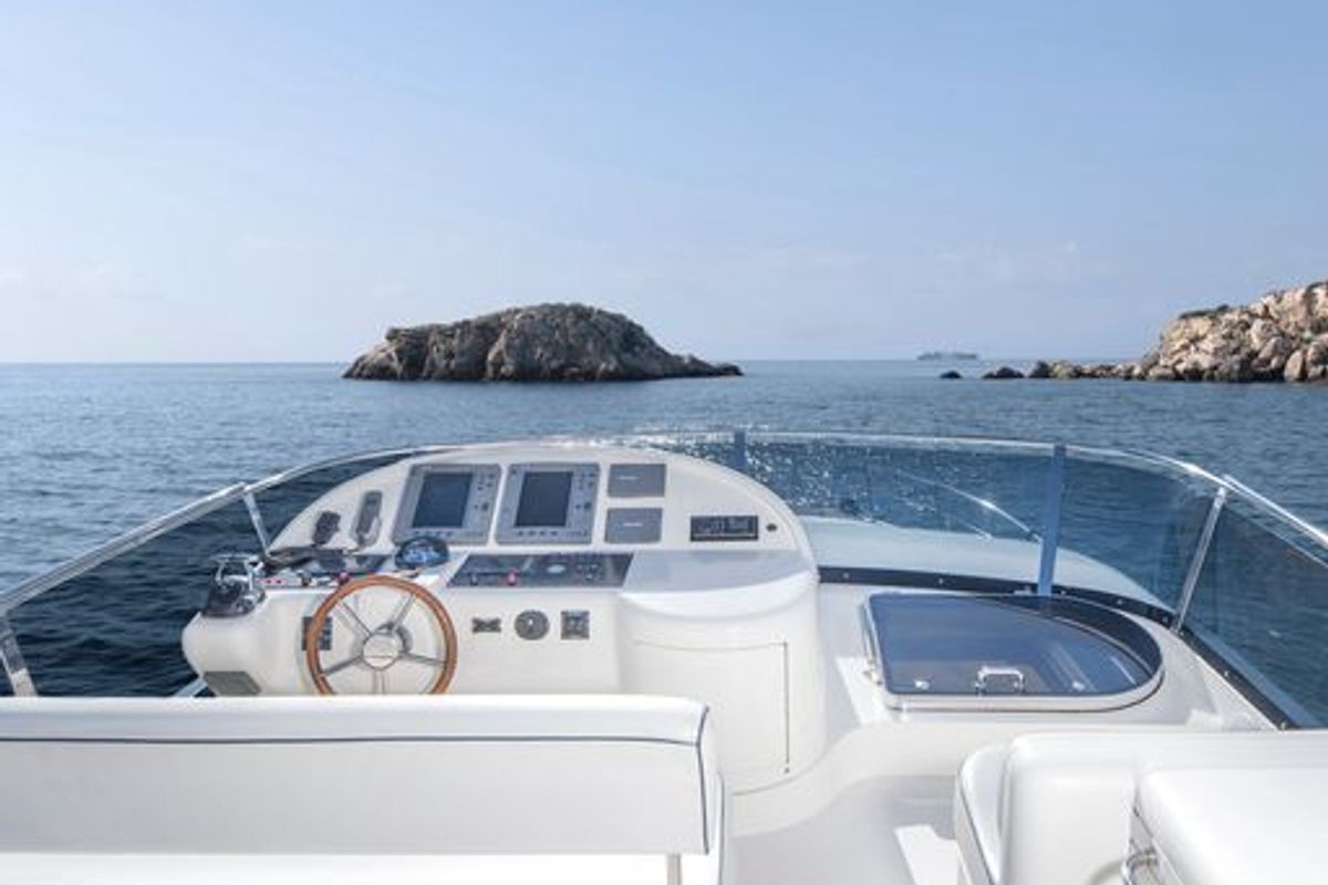 Cockpit of C&A, a Uniesse 55 motorboat at Flisvos Marina, Greece