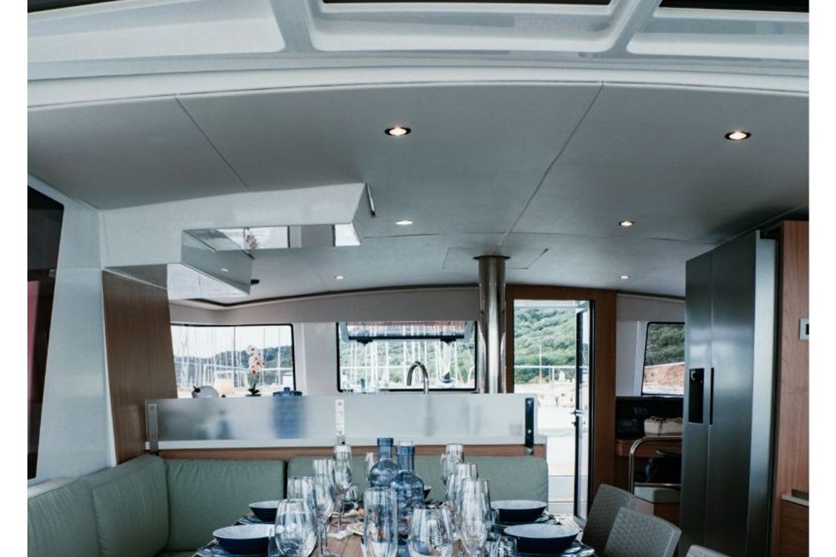 Salon of Cloe, a Bali 4.6 catamaran at Olbia, Italy