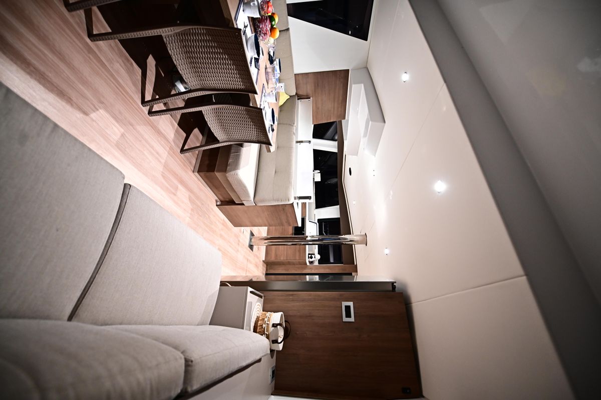 Salon of Cloe, a Bali 4.6 catamaran at Olbia, Italy