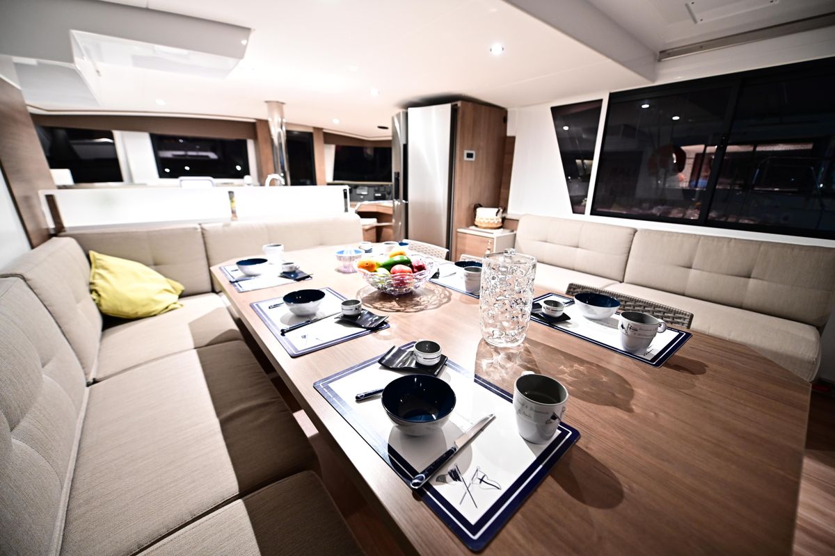 Salon of Cloe, a Bali 4.6 catamaran at Olbia, Italy