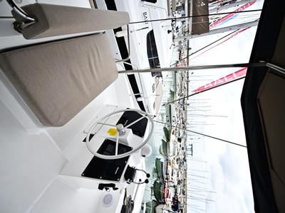 Cockpit of Cloe, a Bali 4.6 catamaran at Olbia, Italy
