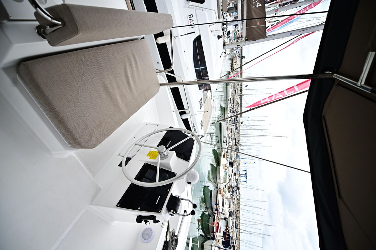 Cockpit of Cloe, a Bali 4.6 catamaran at Olbia, Italy